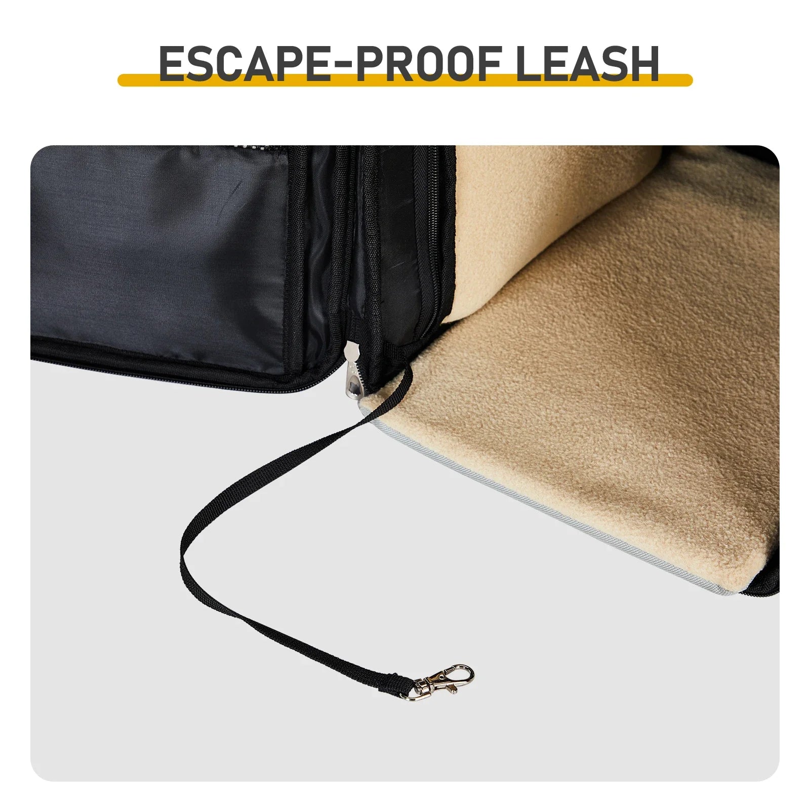 Black escape-proof leash attached to a black bag on a white background