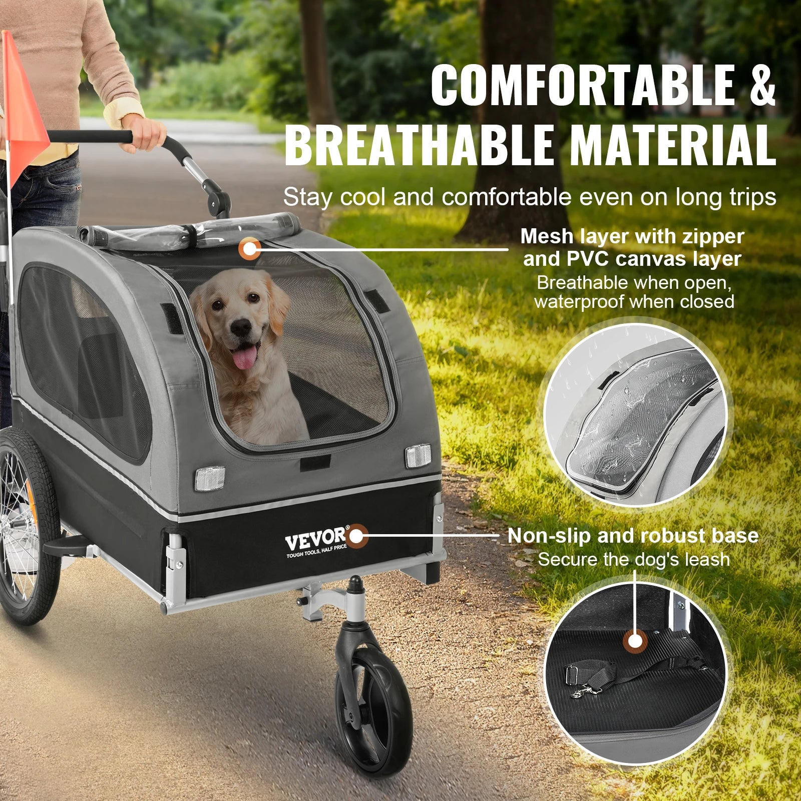 Pet stroller with a dog inside, shown outdoors with text highlighting features like comfort, material, and security.