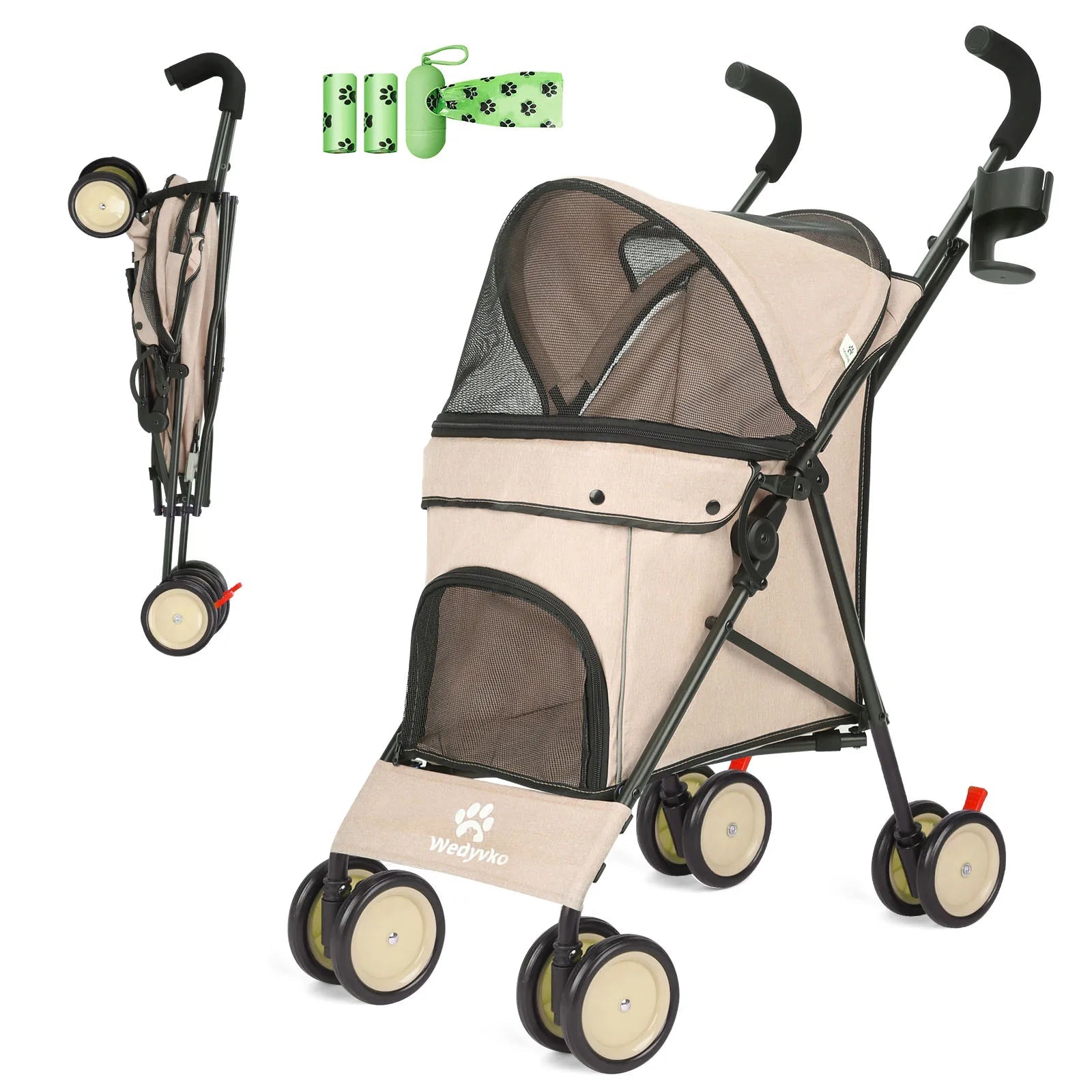 Pet stroller with canopy, wheels, and a small dog next to it on a white background