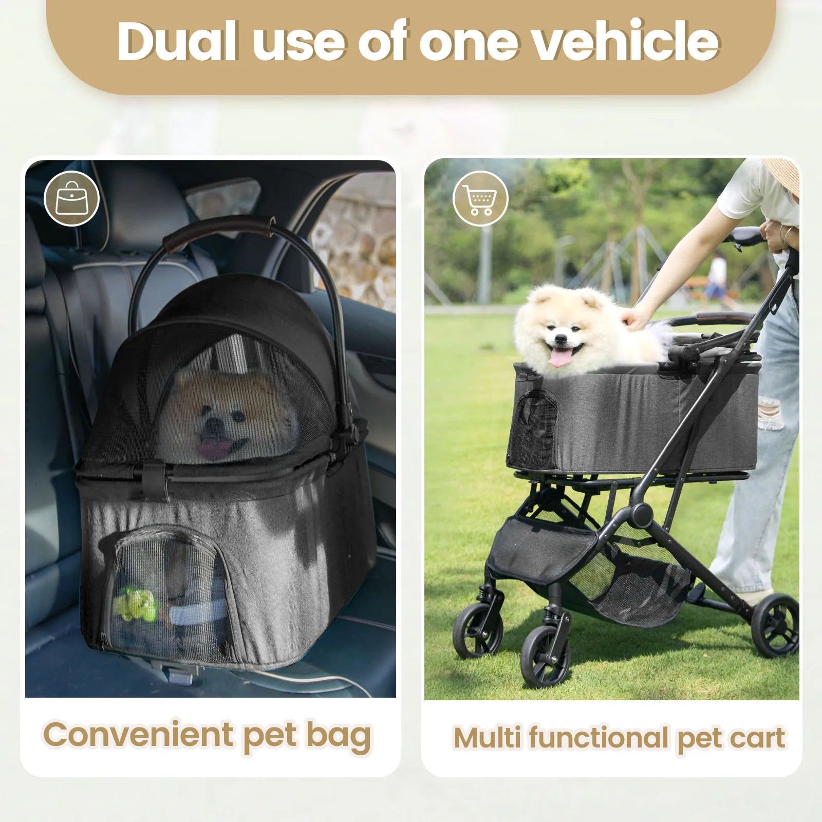 Pet bag and multi-functional pet cart with a dog inside, shown in car and outdoor settings.