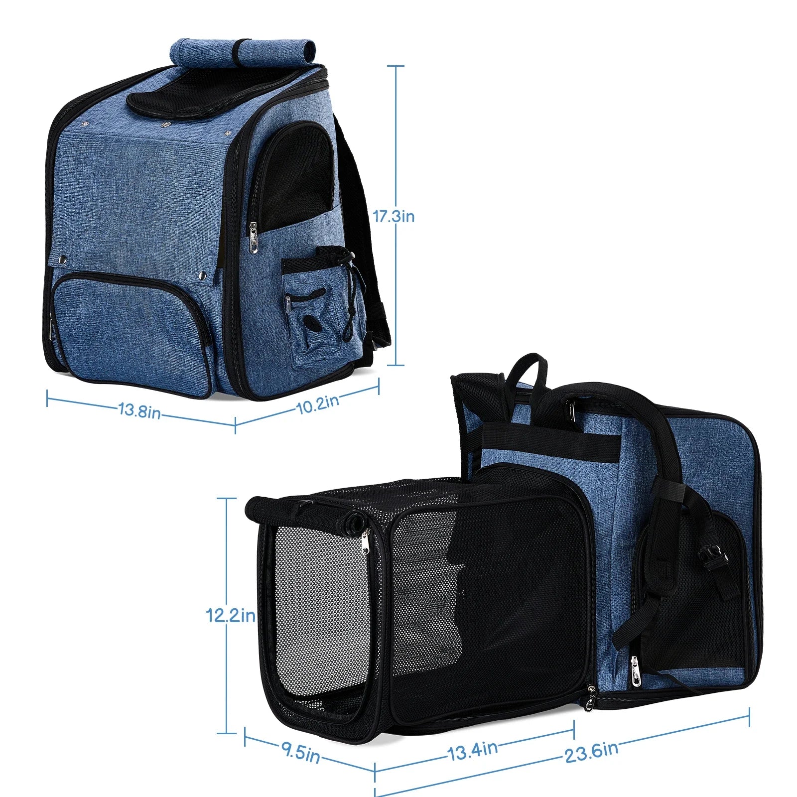 Blue pet carrier with black accents and measurements on a white background