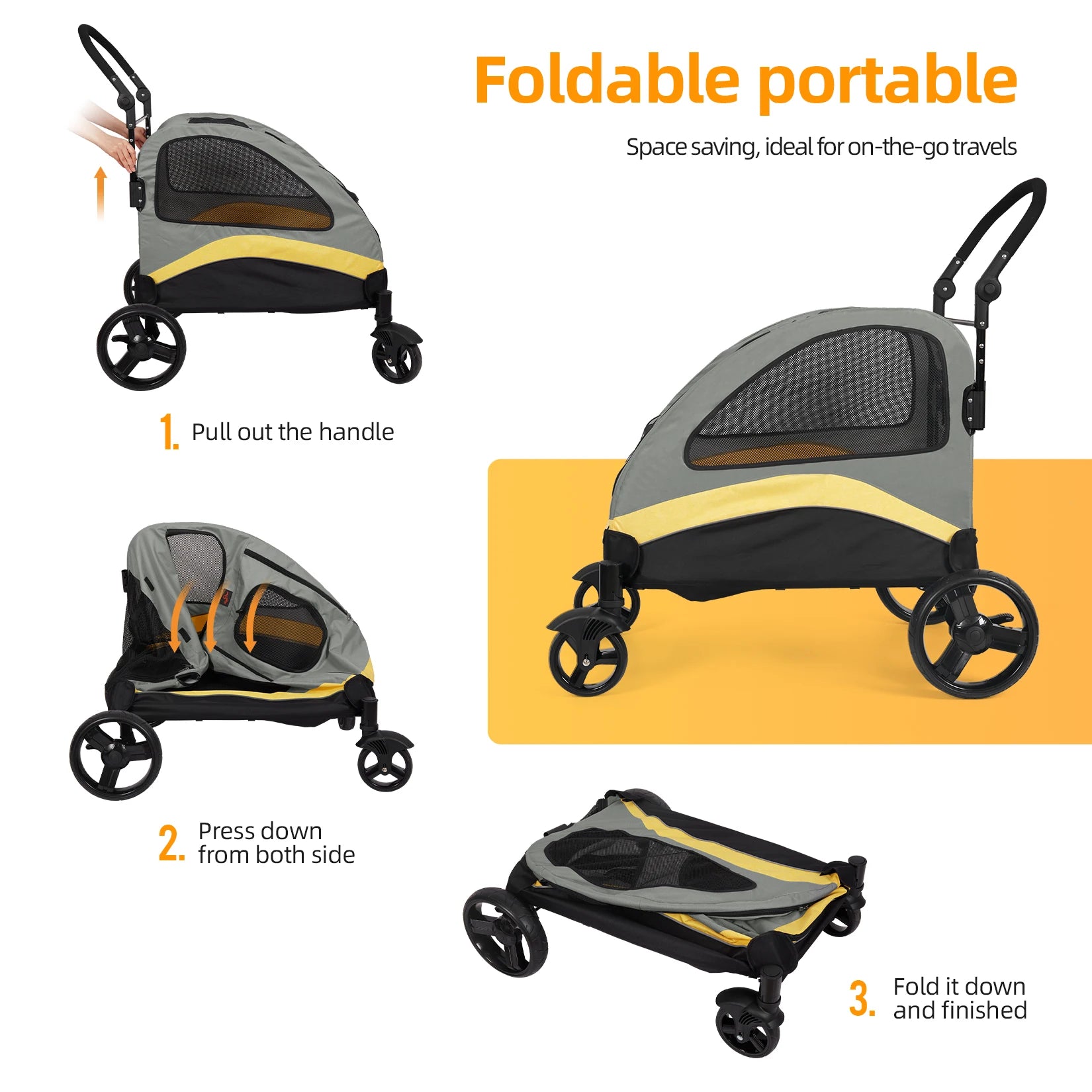Foldable portable pet stroller with instructions on a yellow background