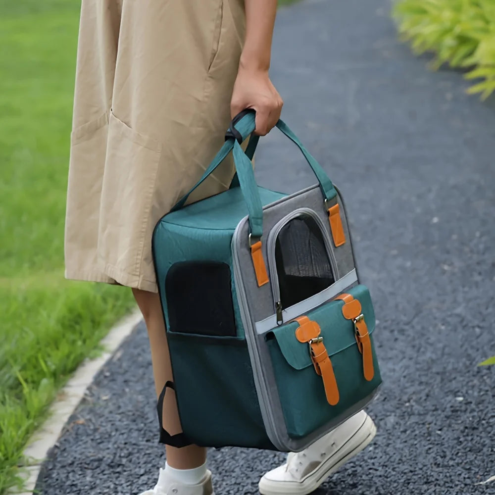 Person holding a teal pet carrier with orange straps on a path.
