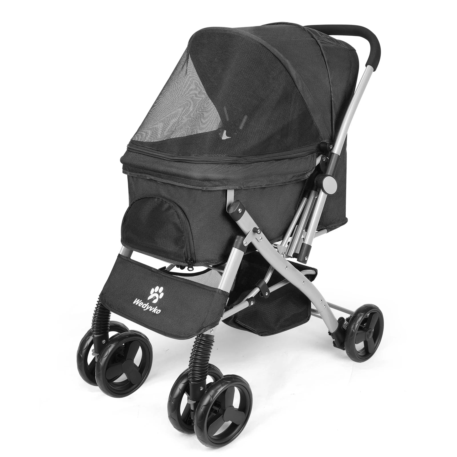 Black pet stroller with silver frame on a white background