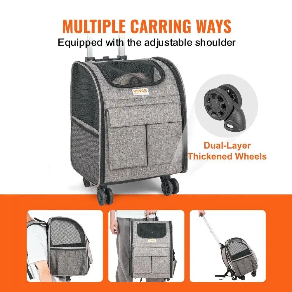 Gray pet carrier with wheels and adjustable shoulder strap, featuring multiple carrying methods on an orange background.