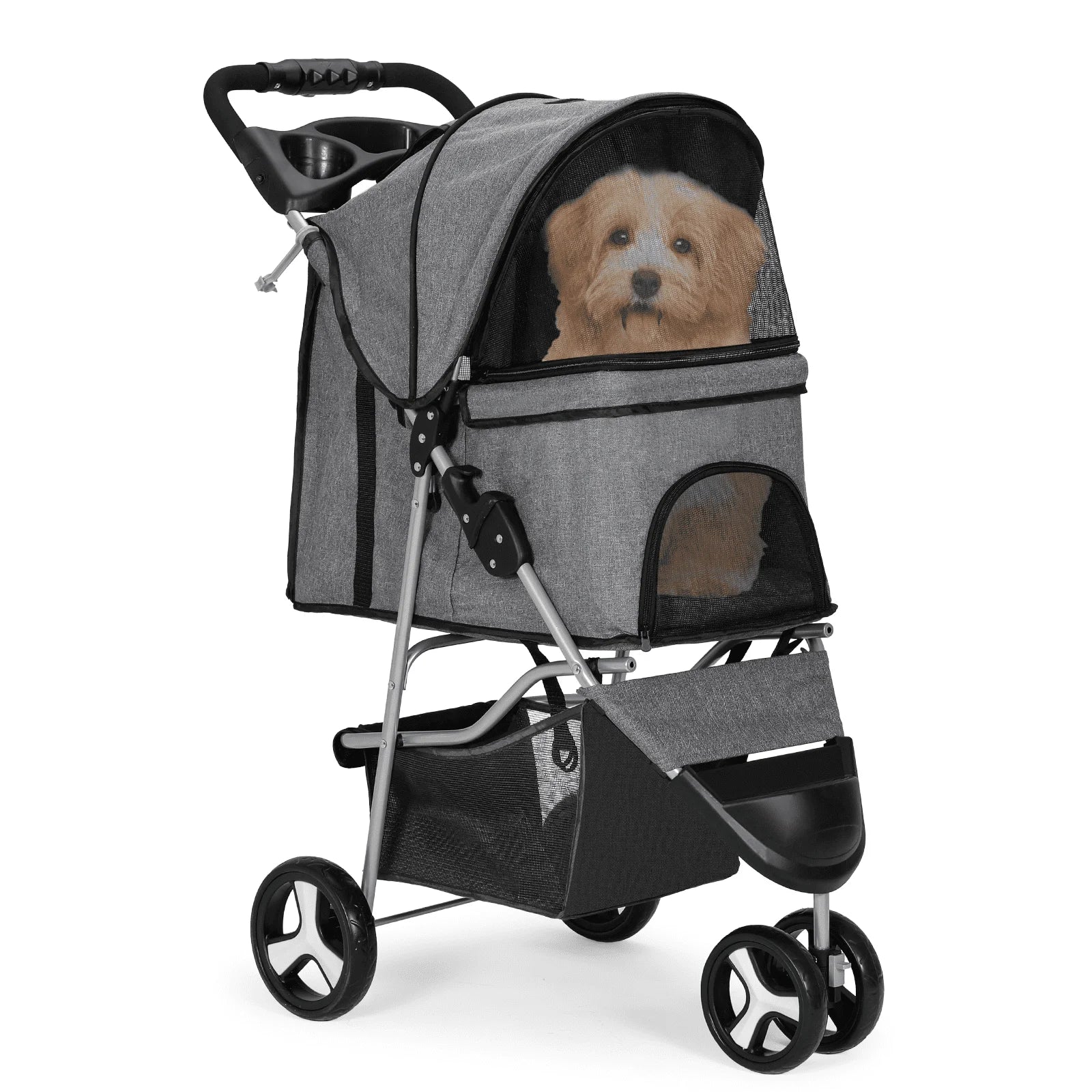 Pet stroller with a dog inside on a white background
