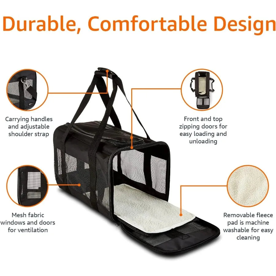 Pet carrier with features highlighted on a white background