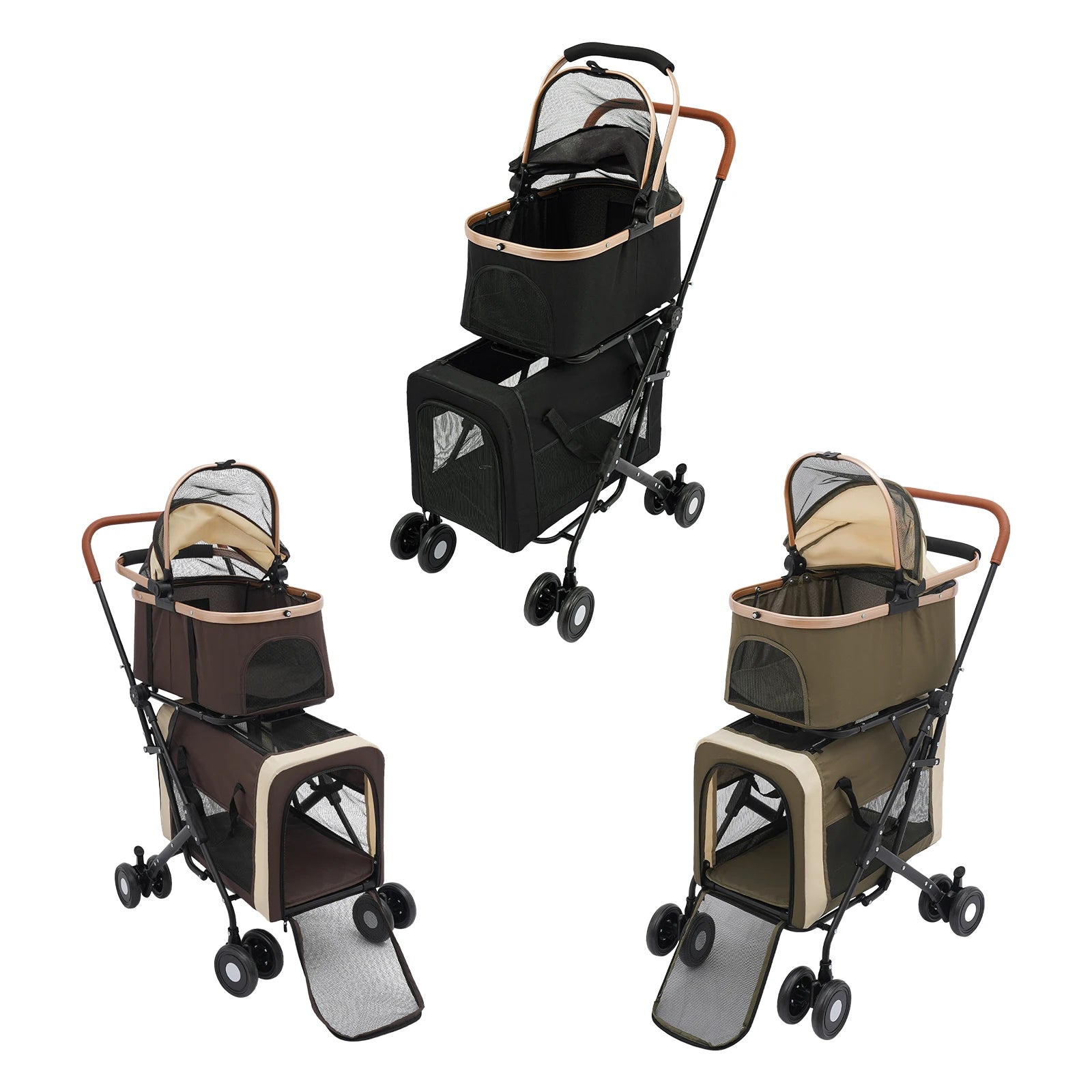 Pet stroller in three different color options on a white background