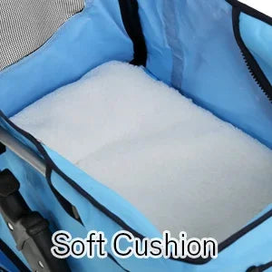 Blue pet carrier with a soft cushion inside, labeled 'Soft Cushion'.