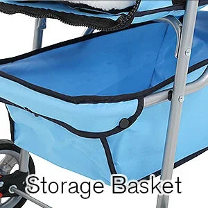 Storage basket attached to a blue stroller with visible branding.