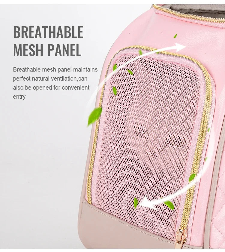 Pink pet carrier with a breathable mesh panel on a white background