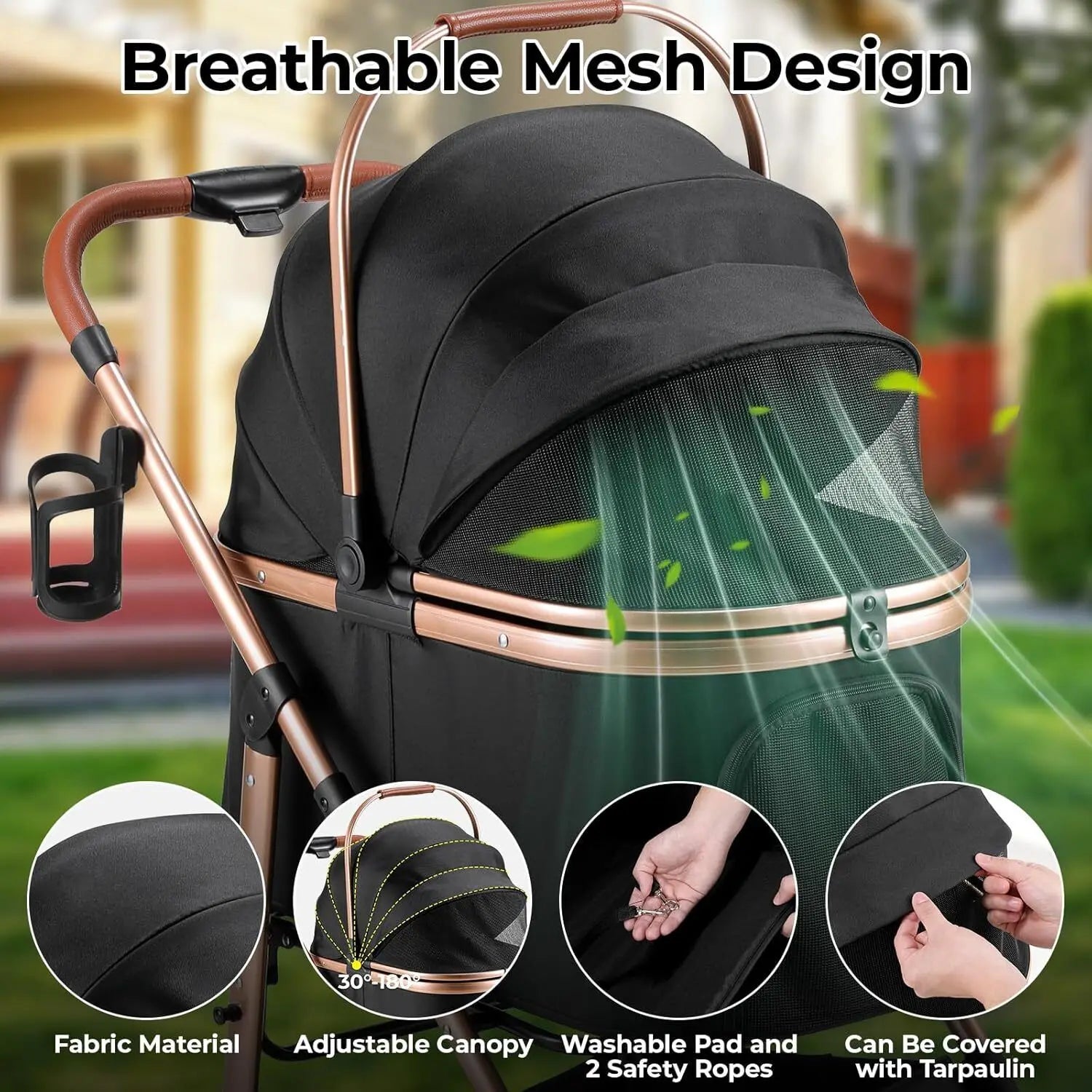 Black baby stroller with mosquito netting and features highlighted, outdoors.
