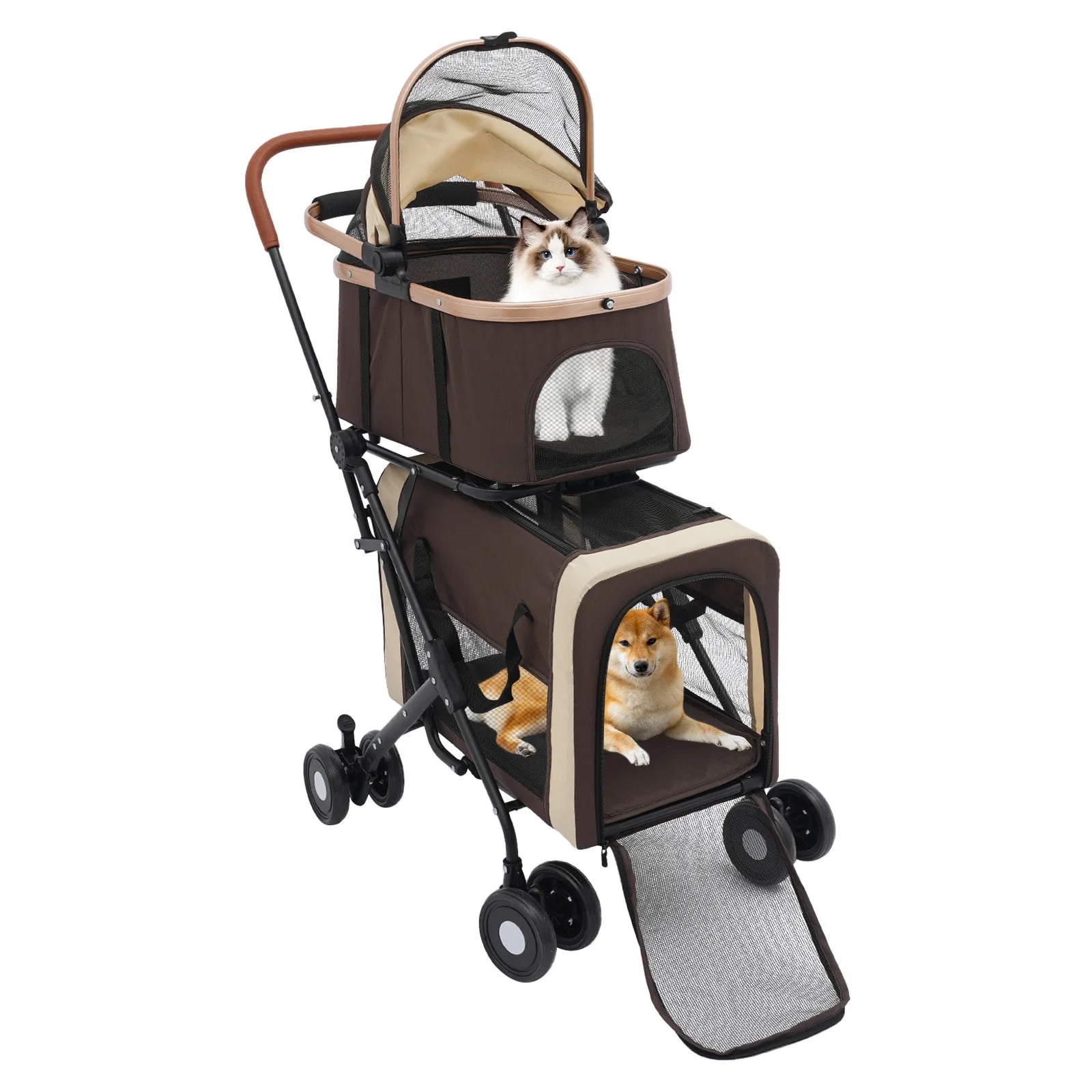 Pet stroller with two cats inside on a white background