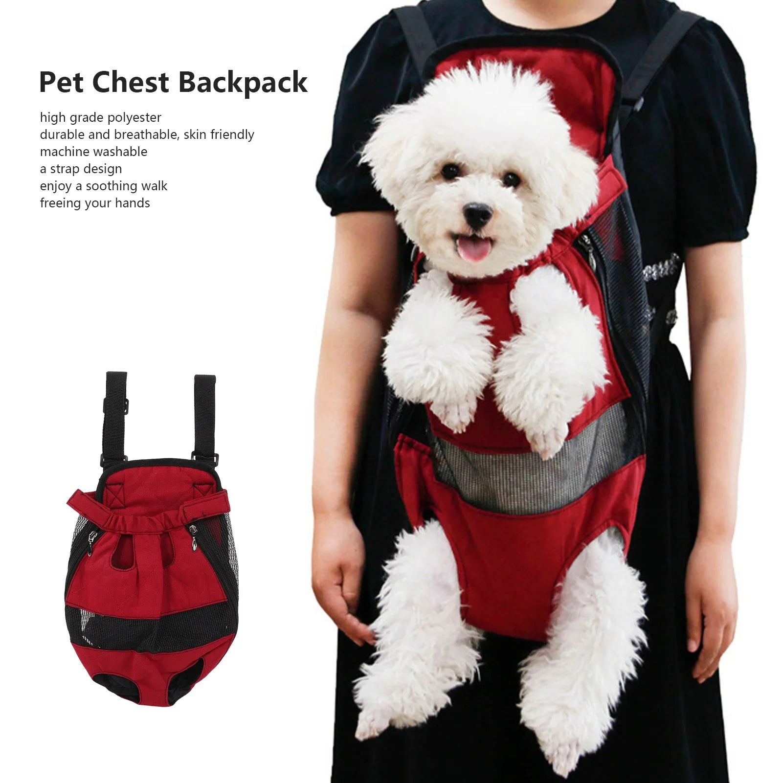 Pet chest backpack with a small white dog inside, worn by a person.