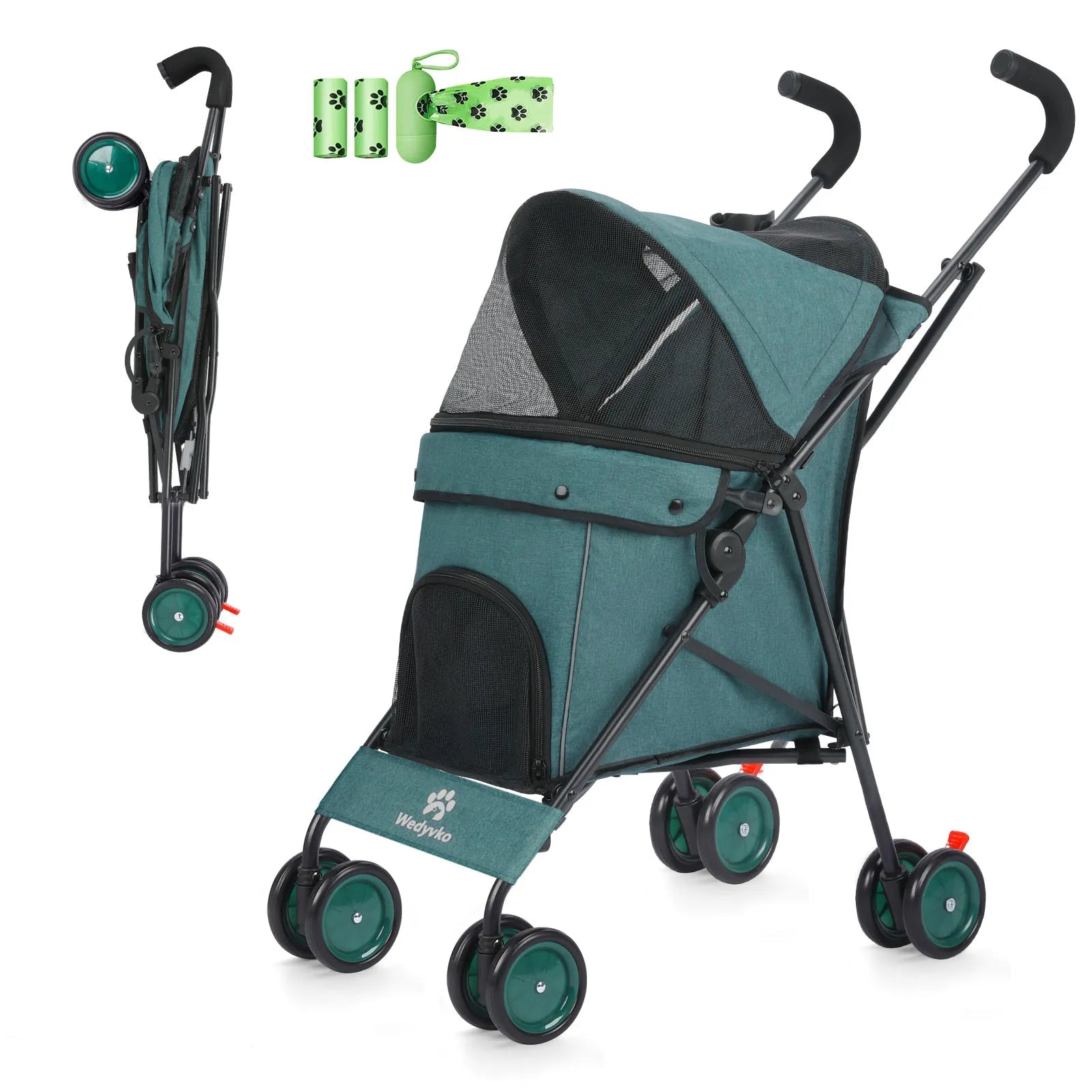 Teal pet stroller with black accents, dog next to it, and green bags on a white background