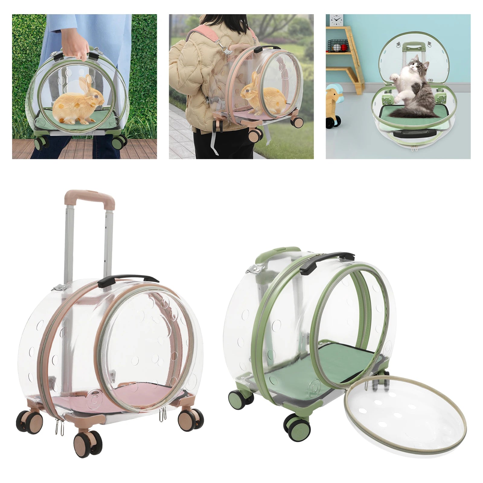 Transparent pet carrier with wheels and handle for transporting small pets.