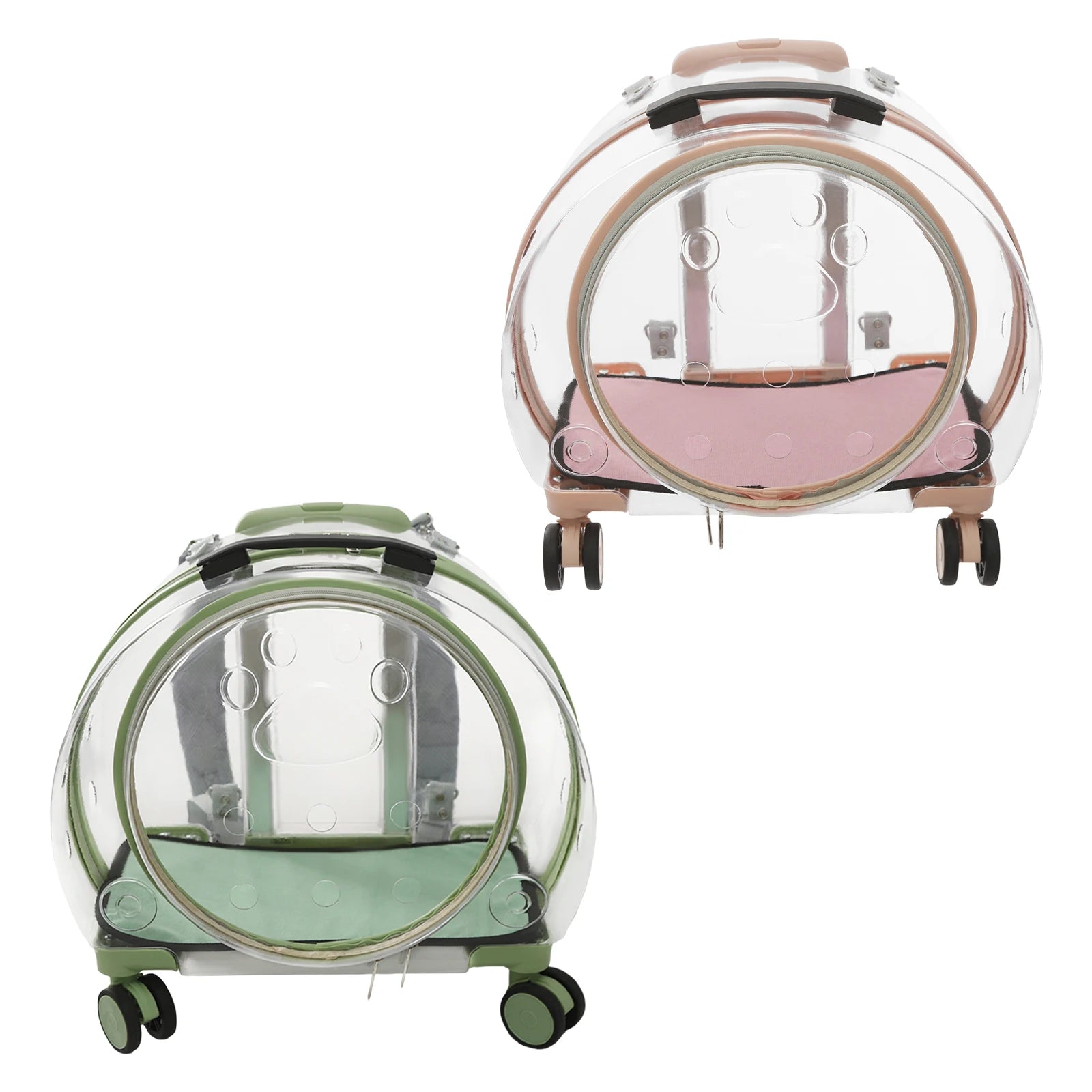 Clear pet carrier with pink interior and green exterior on a white background