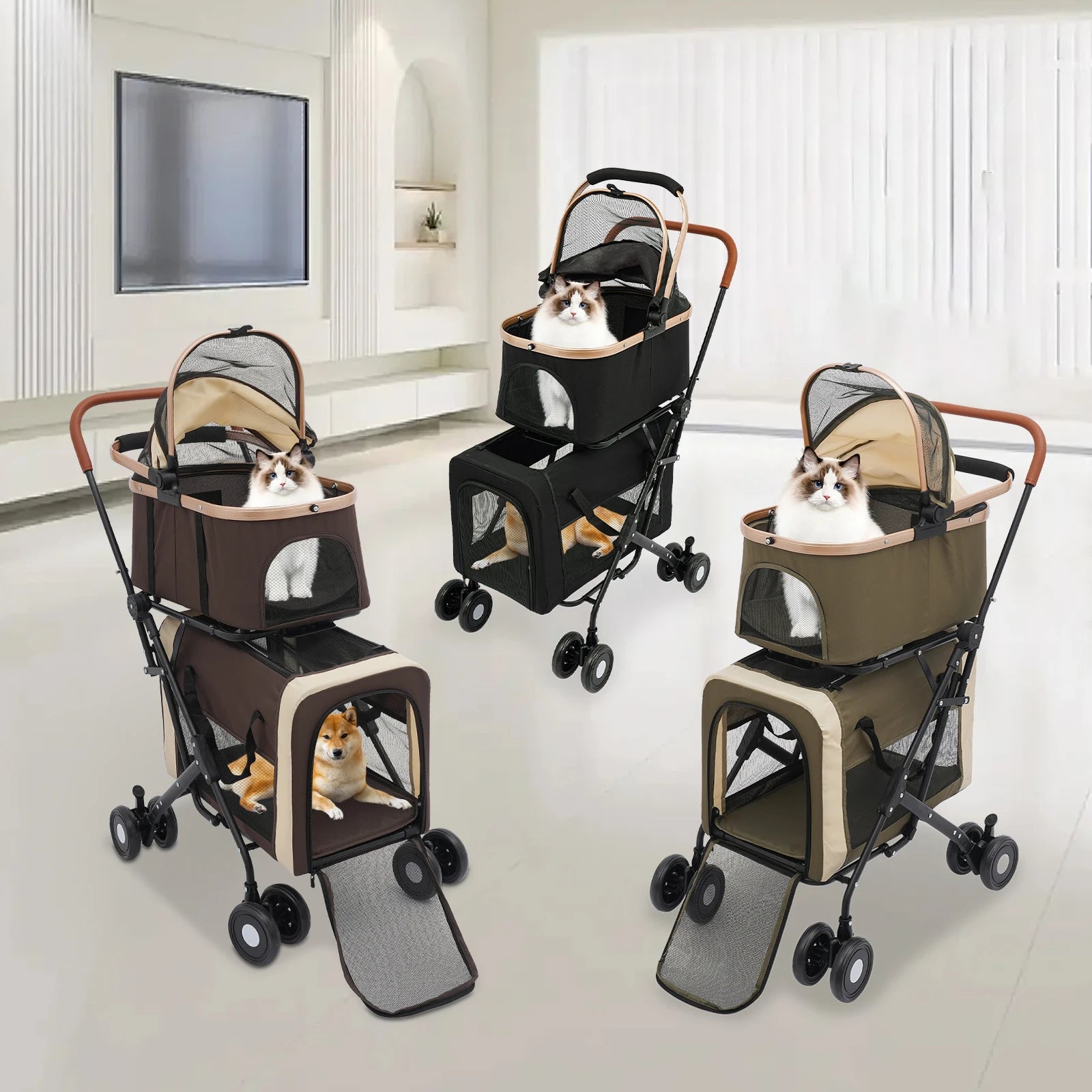 Three pet strollers with pets inside in a modern indoor setting