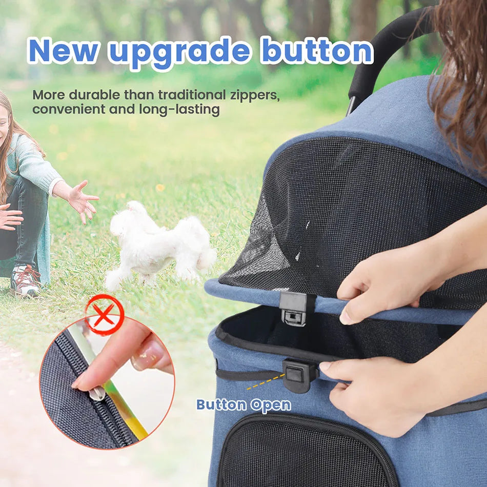 Blue pet carrier with button open feature, showing durability improvement over traditional zippers.