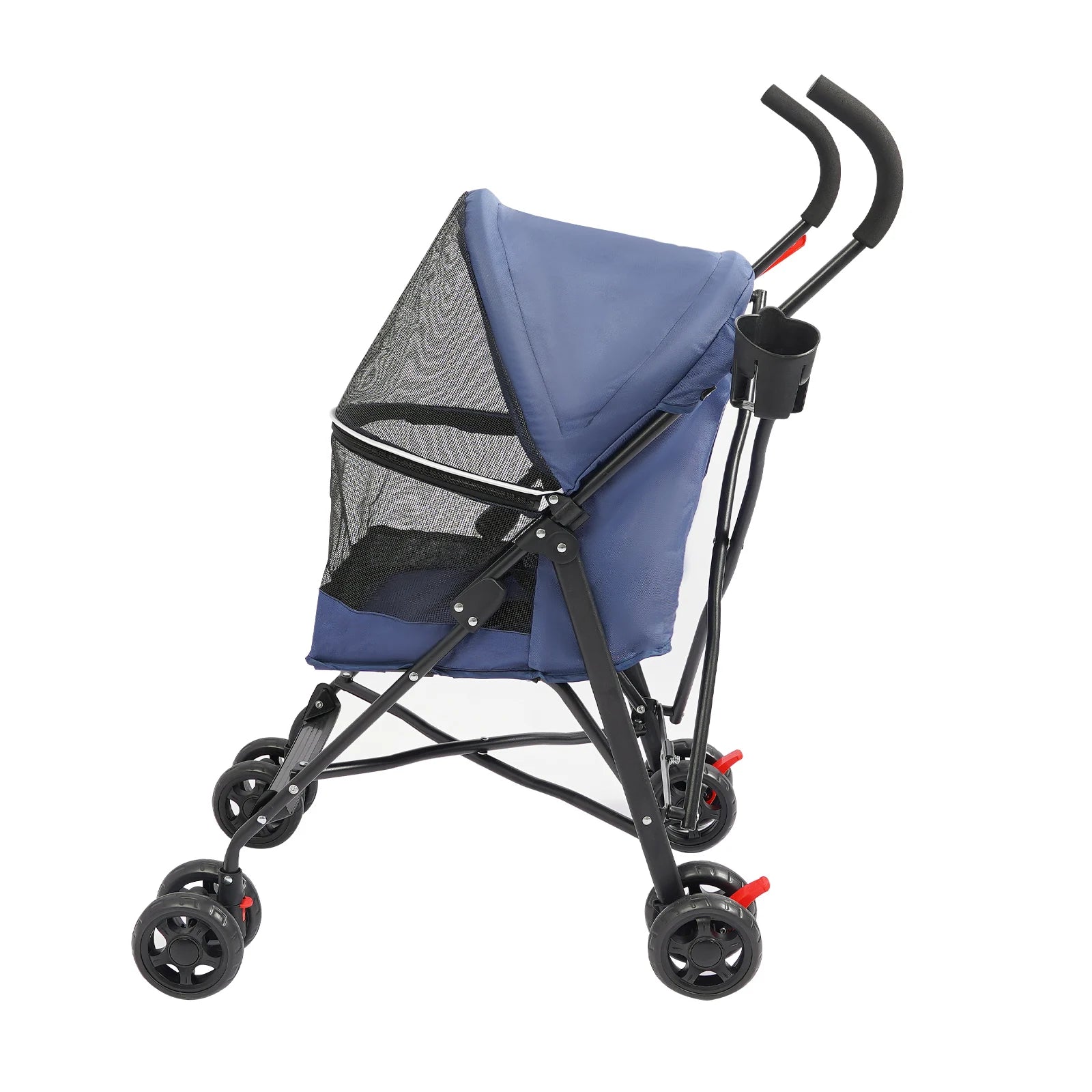 Blue pet stroller with black frame and wheels on a white background