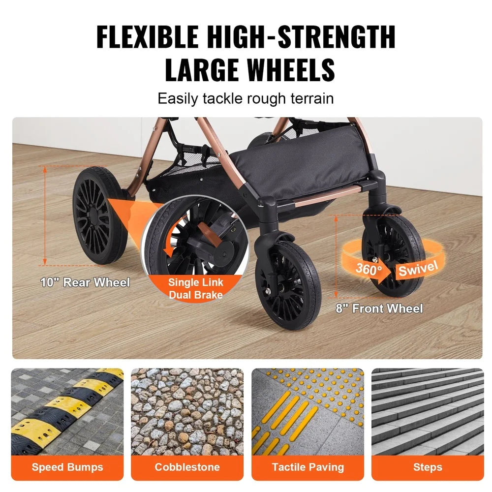 Stroller with large wheels on a wooden floor, highlighting features and terrain challenges.