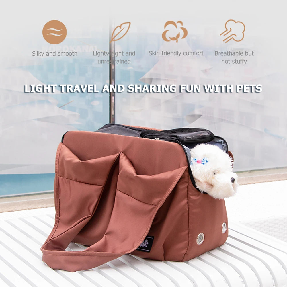 Brown pet carrier with a small white dog inside, featuring text about pet comfort and travel.