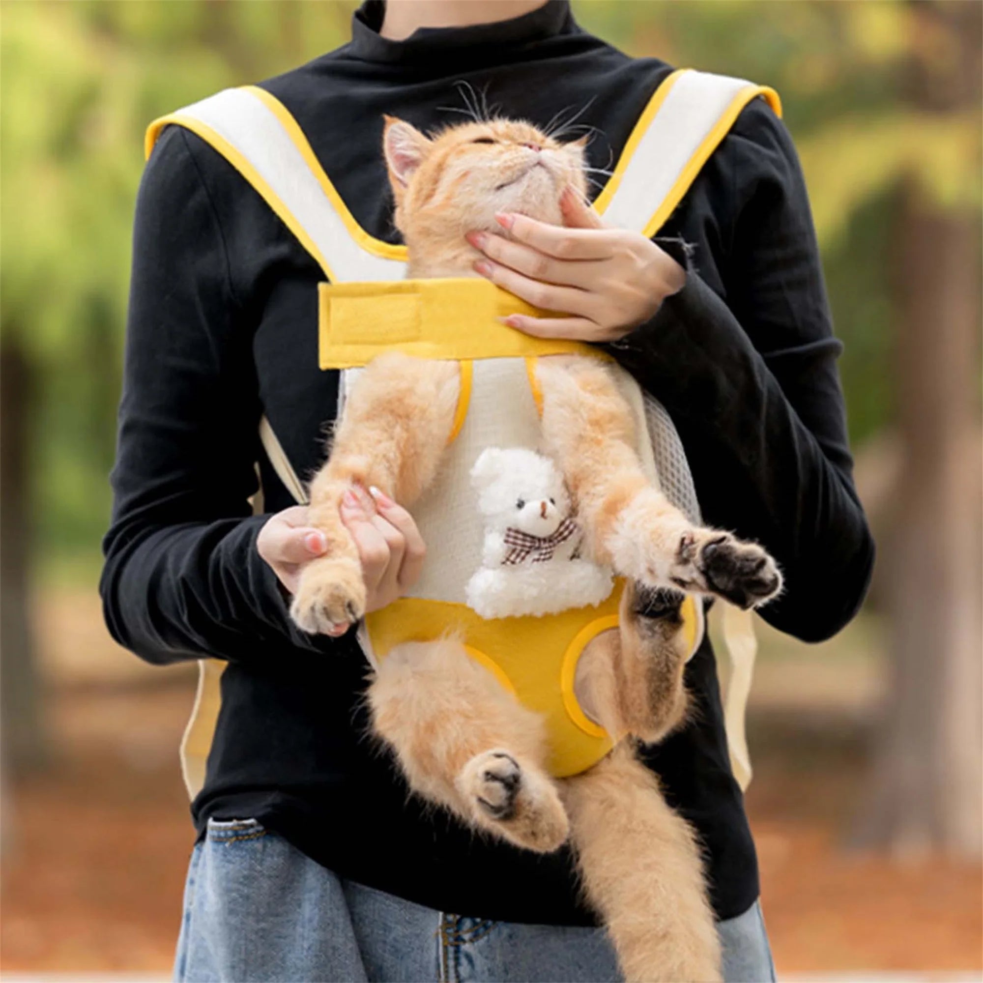 Person holding a cat in a yellow pet carrier with a teddy bear toy inside, outdoors.