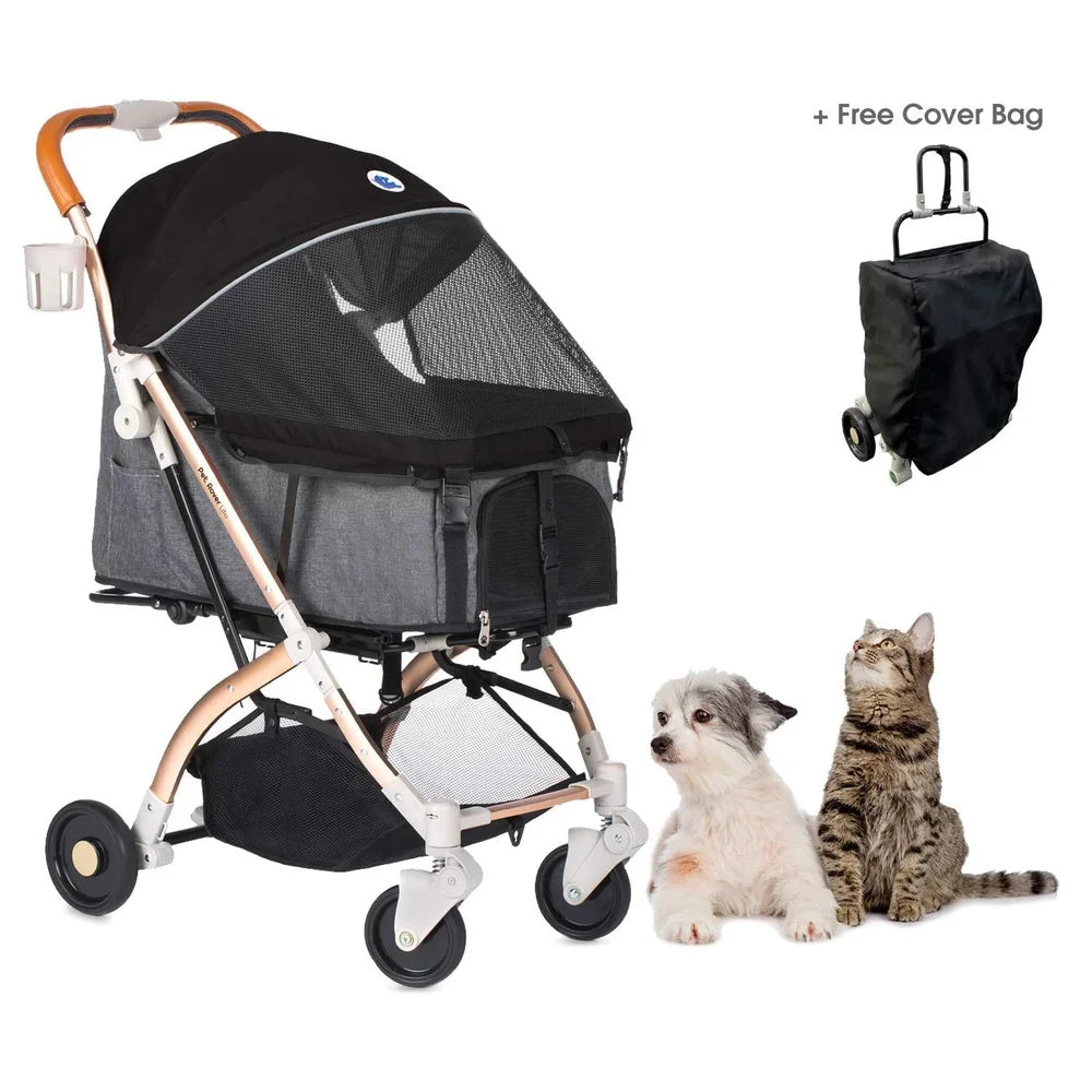 Pet stroller with a free cover bag, featuring a dog and cat sitting next to it on a white background.