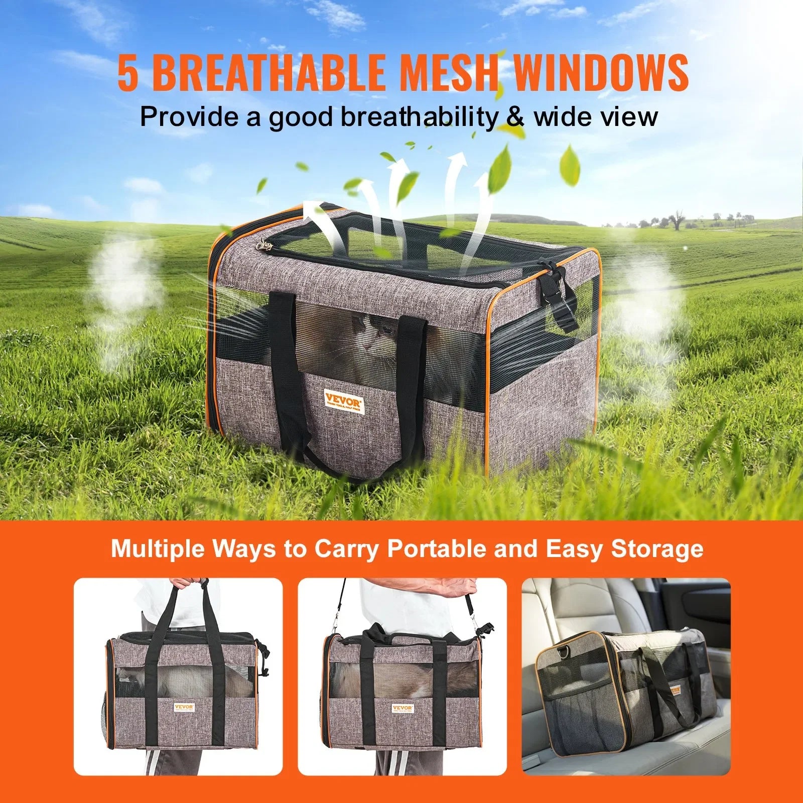 Pet carrier with breathable mesh windows on a grassy field background