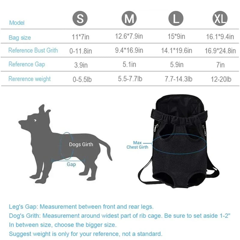Measurement chart for a dog carrier with size guide and specifications.