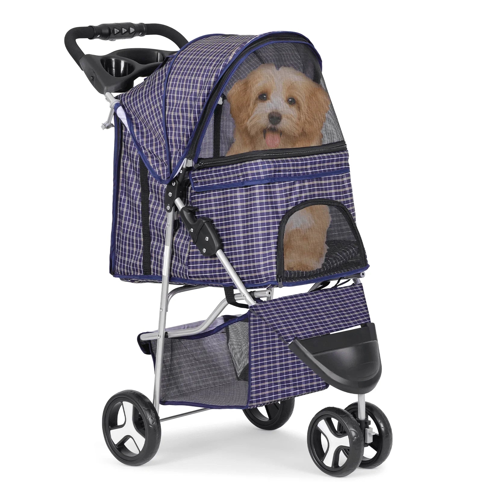 Pet stroller with a dog inside on a white background