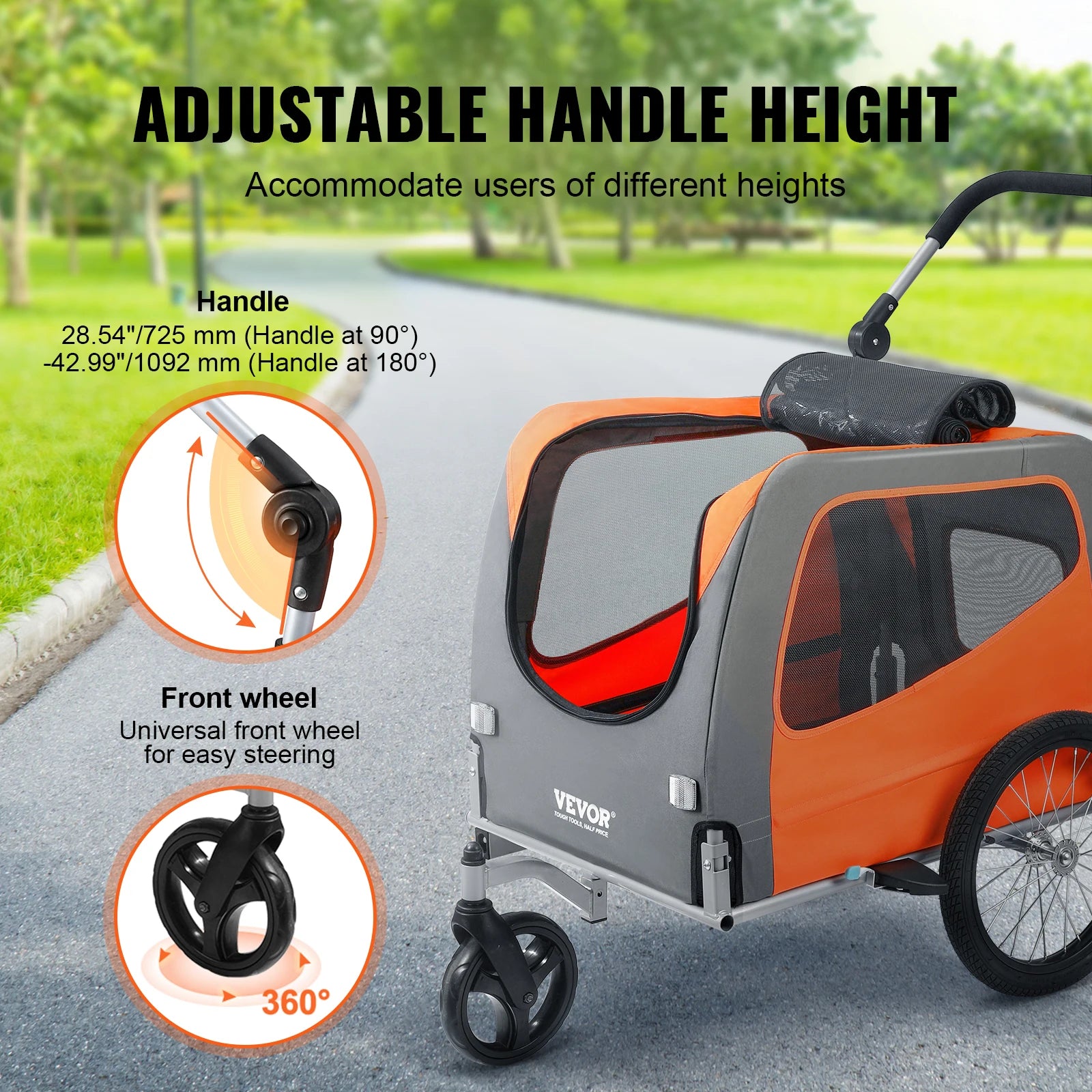 Orange and gray VEVOR bike trailer with adjustable handle height feature on a road.