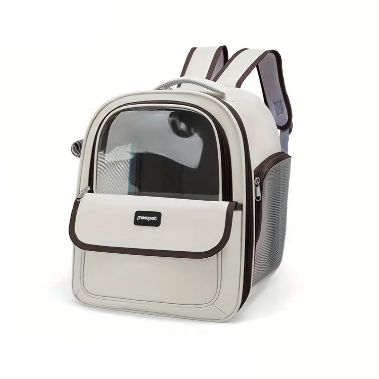 Pet backpack with transparent front panel on a white background