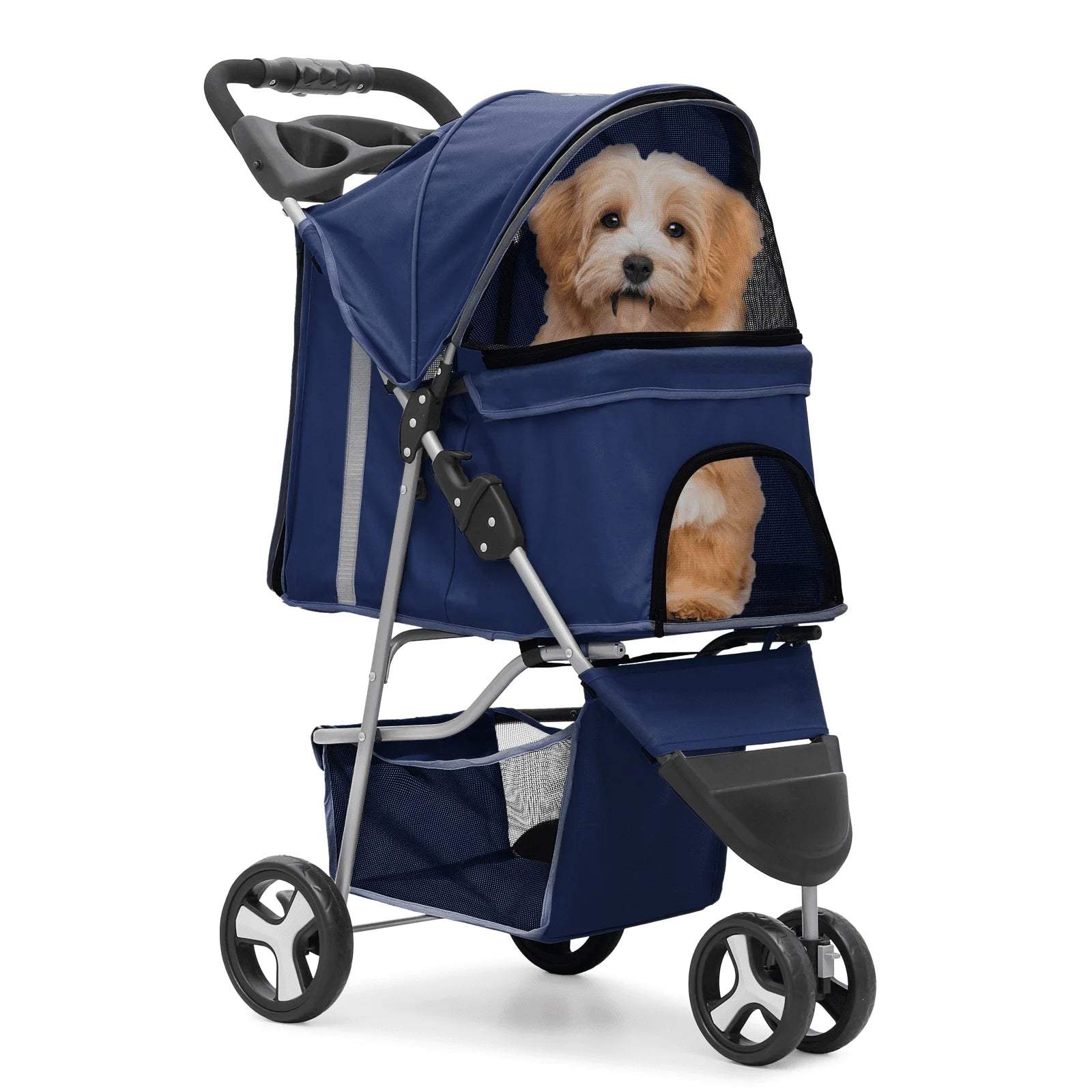 Blue pet stroller with a dog peeking out on a white background