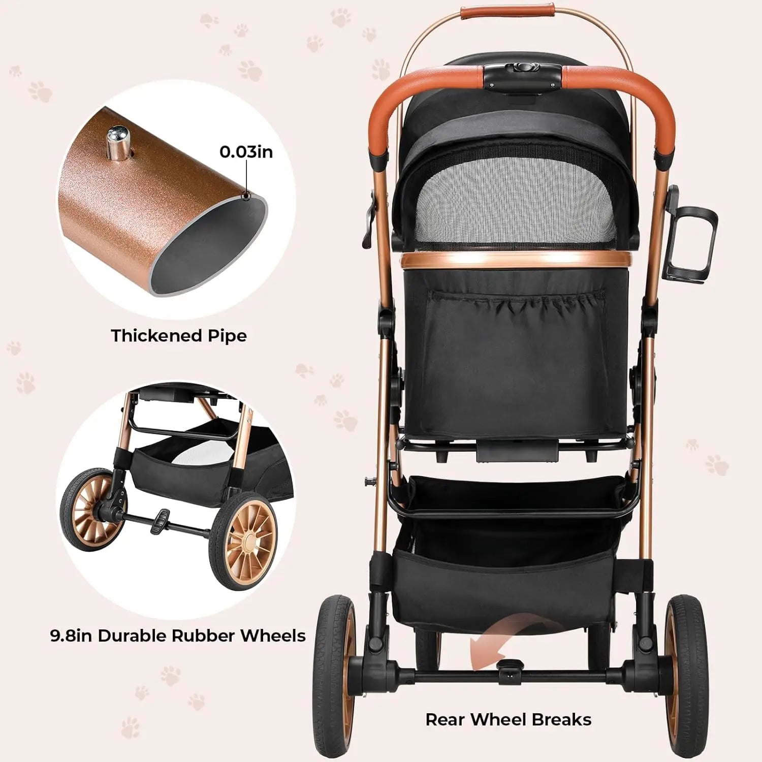 Black stroller with rose gold accents on a beige background, highlighting features like thickened pipe and durable rubber wheels.