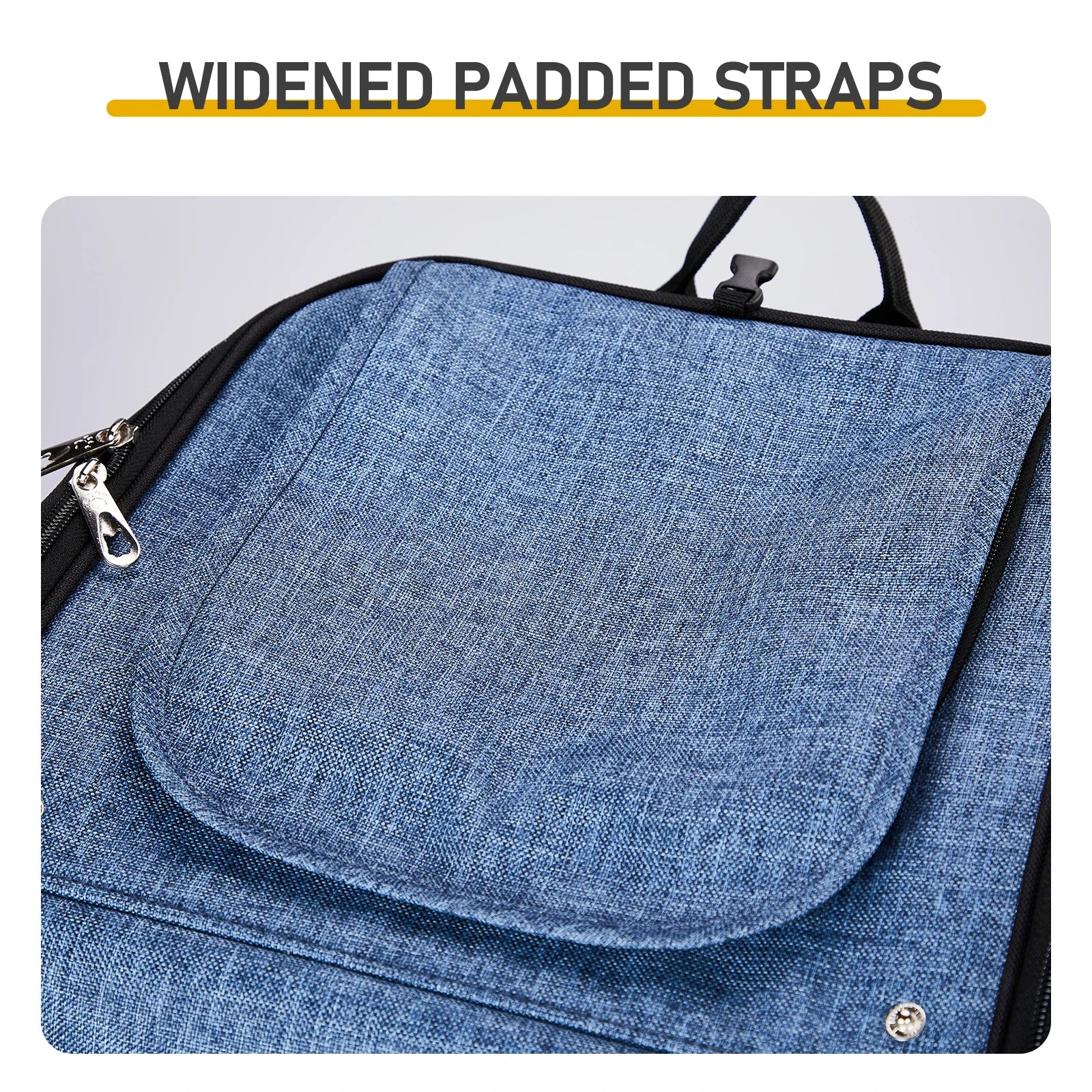 Blue bag with widened padded straps on a white background