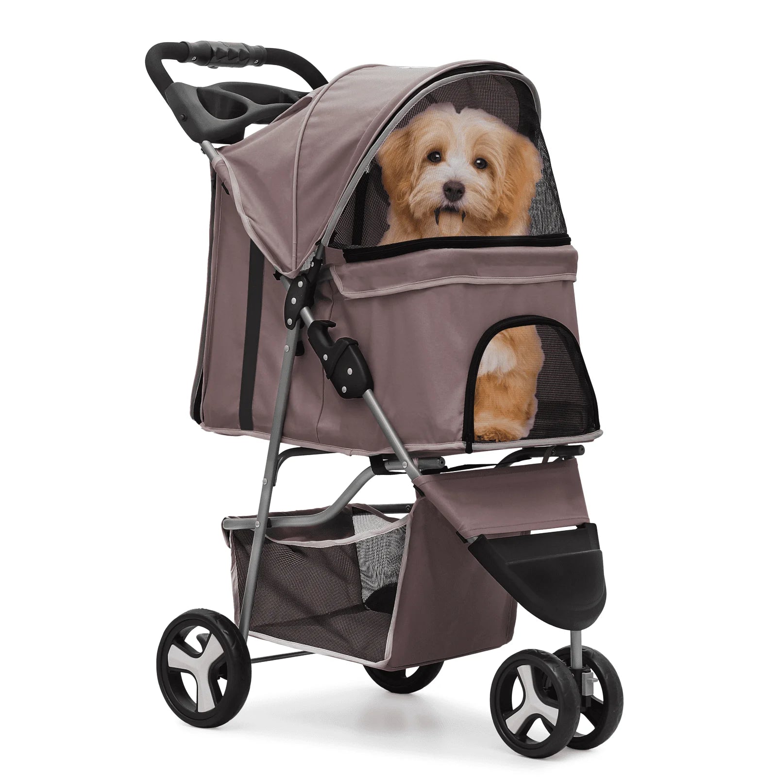 Pet stroller with a dog inside on a white background
