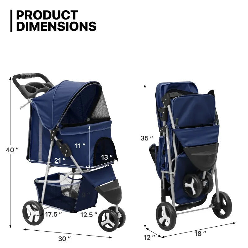 Navy blue pet stroller with dimensions labeled on a white background