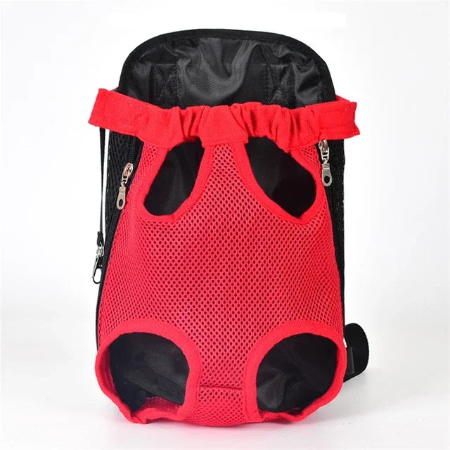 Red pet carrier backpack with black interior on a white background
