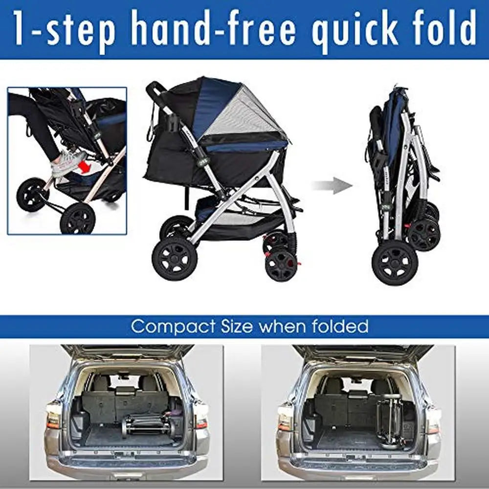 Stroller being folded and shown in a car trunk with text '1-step hand-free quick fold' and 'Compact Size when folded'.