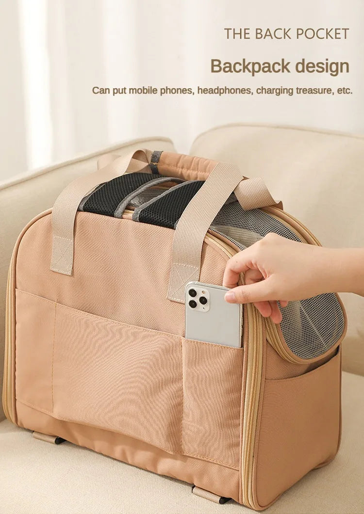Beige backpack with a hand placing a phone into it, on a light background.