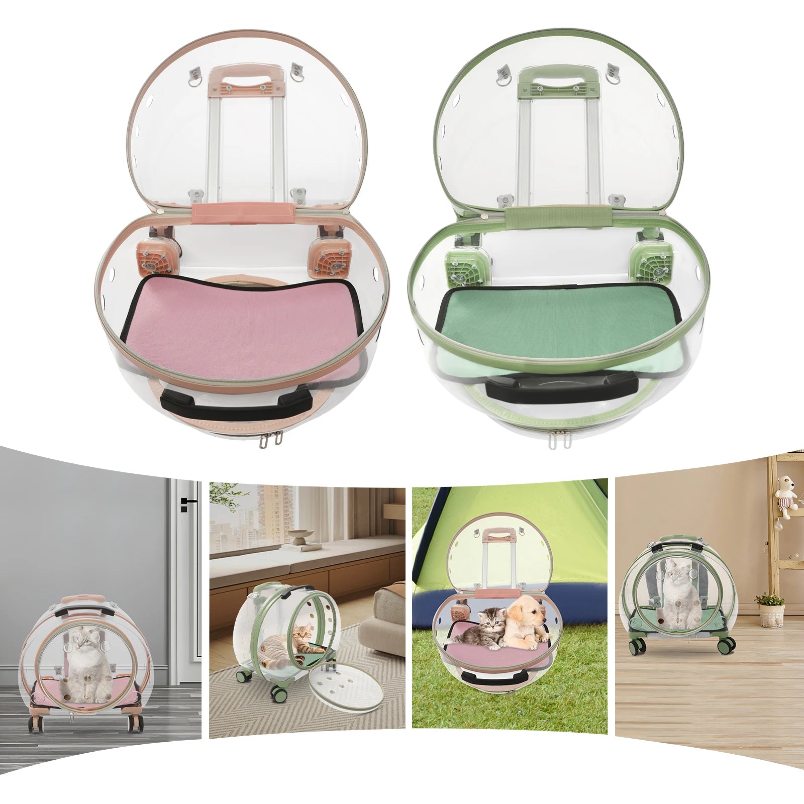 Pet carrier with pink interior and transparent dome, shown in various settings.