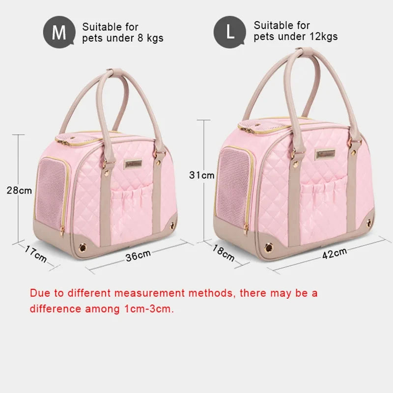 Two pink pet carriers with measurements and size suitability for pets.