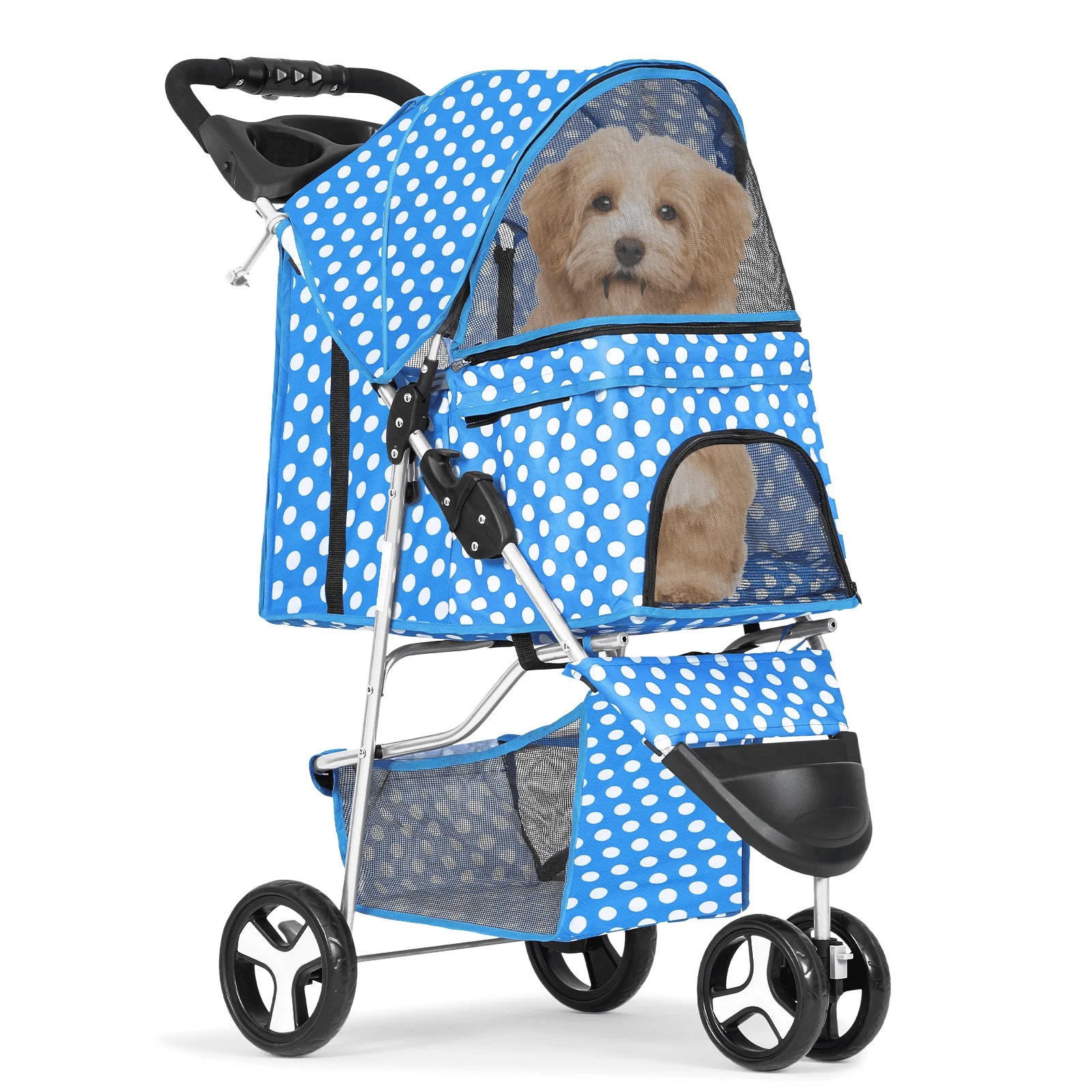Blue polka dot pet stroller with a dog inside on a white background