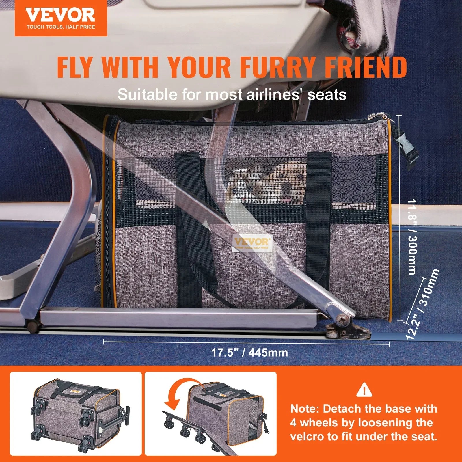 Pet travel carrier with VEVOR branding, suitable for most airlines' seats, on a blue airplane seat background.