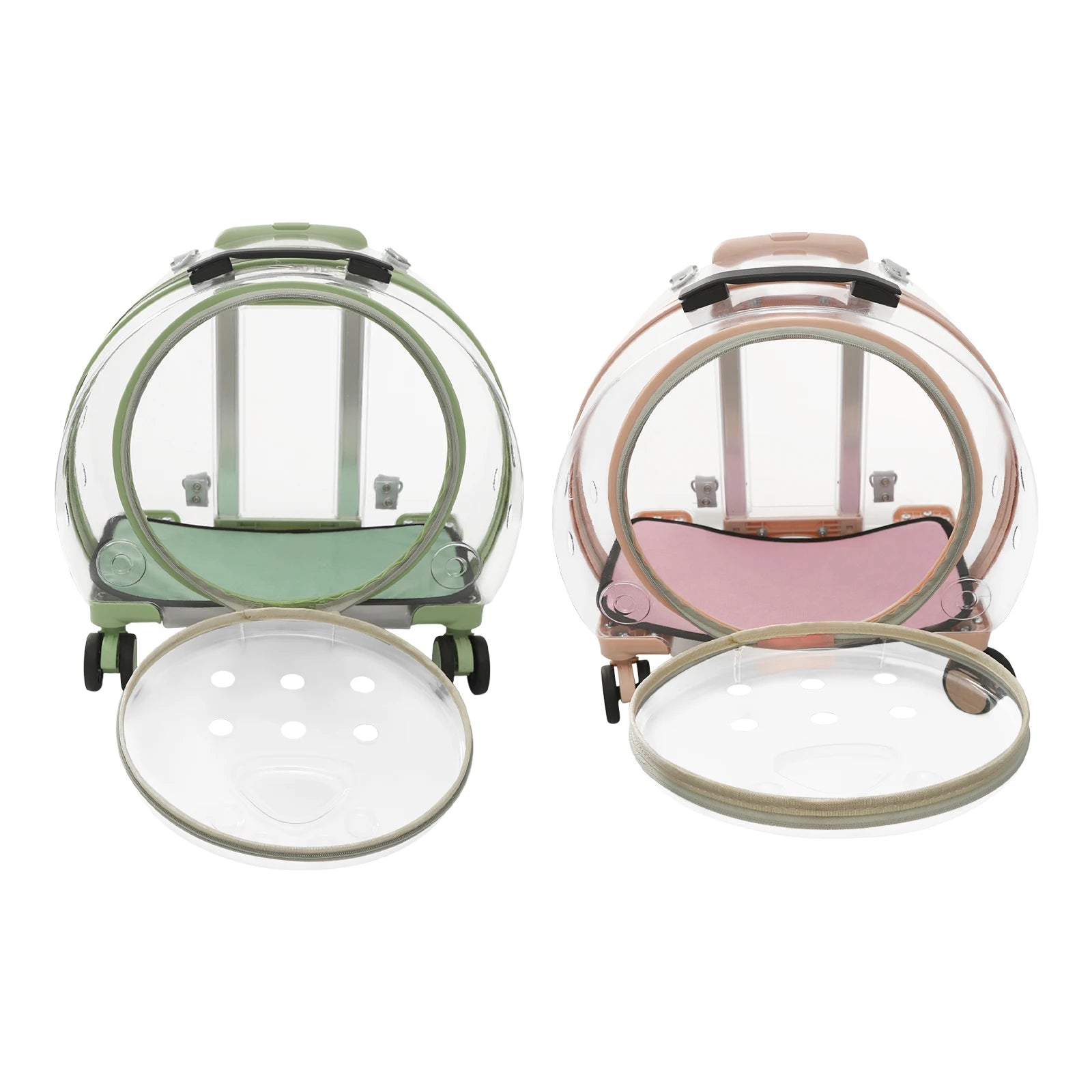 Two baby car seats with transparent covers, one green and one pink, on a white background.