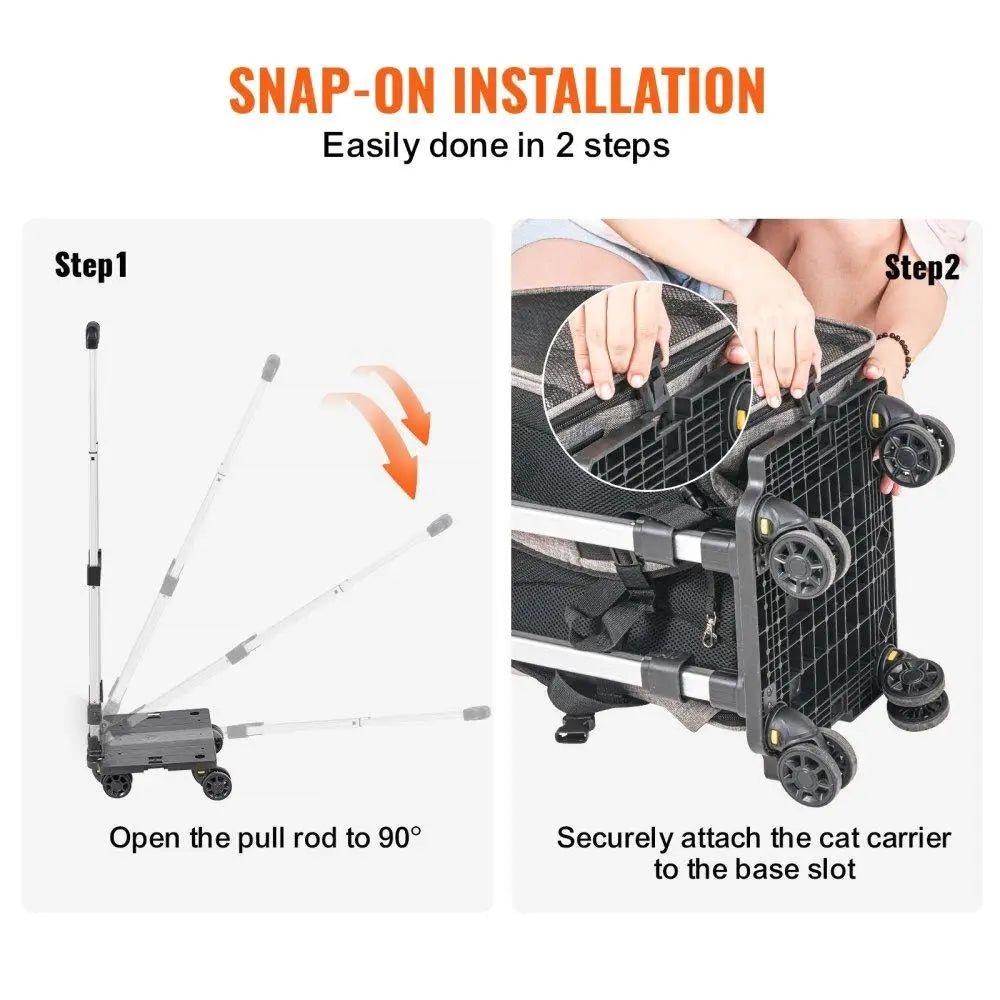 Step-by-step guide on snap-on installation of a cat carrier with text and images.