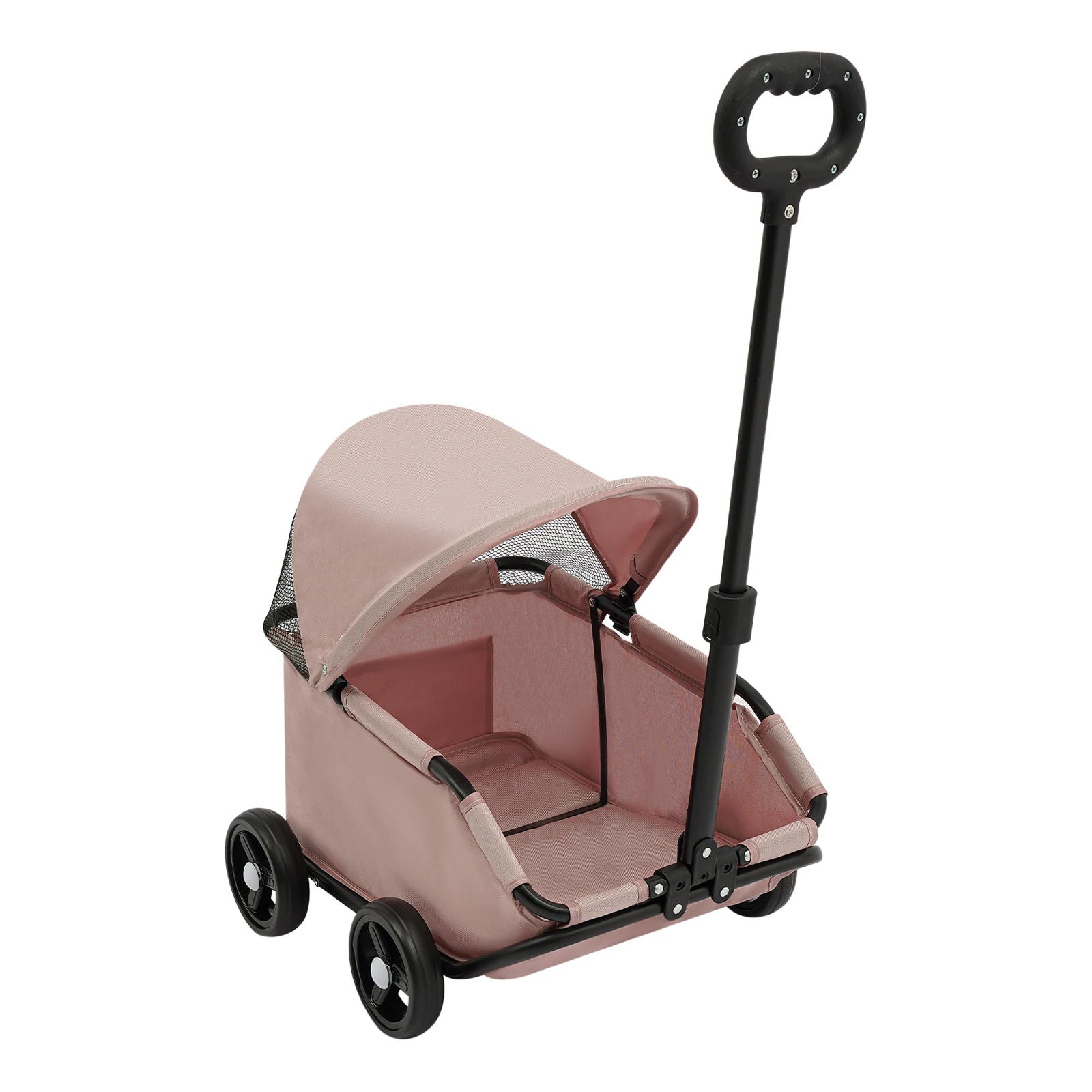 Pink baby stroller with black handle on a white background