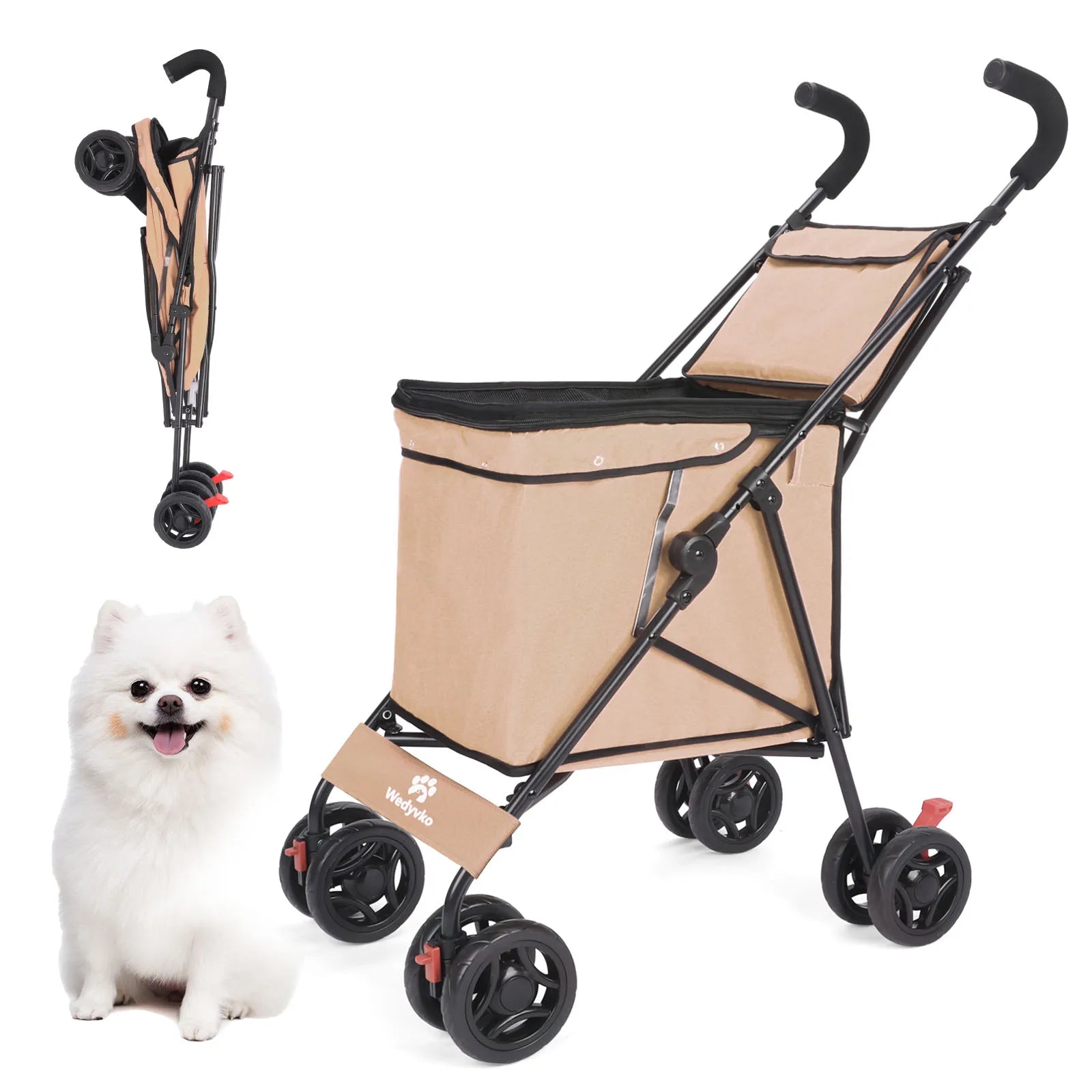 Pet stroller with beige cover and black frame, accompanied by a small white dog on a white background.