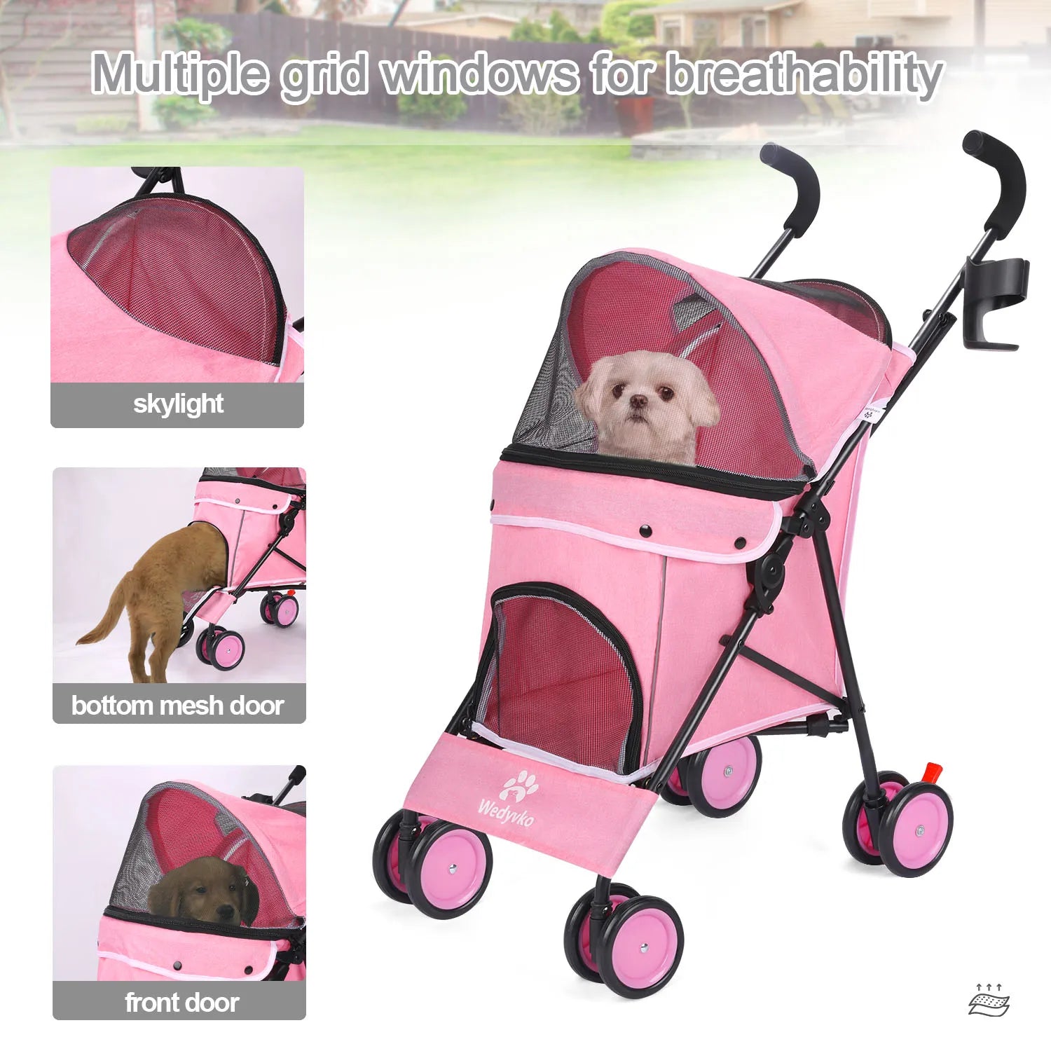 Pink pet stroller with grid windows for breathability, featuring a dog inside.